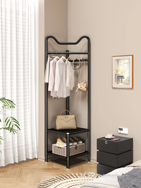Black Metal Wardrobe With Hanging Clothes Shelves For Shoes And Bags Storage In Modern Home 3d model 