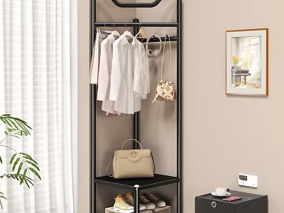 Black Metal Wardrobe With Hanging Clothes Shelves For Shoes And Bags Storage In Modern Home 3d model