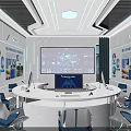 Modern High Tech Control Room Interior With Circular Console Display Screens And Blue Chairs 3d model