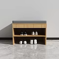 Wooden Shoe Bench With Gray Cushion And Storage Shelves For Shoes