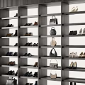 Modern Shoe Cabinet with Multiple Shelves Holding Various Shoes and Bags
