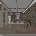 Medieval Dining Room Interior With Round Table Wooden Chairs And Stone Walls