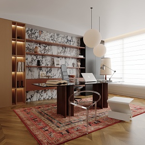 Modern Study Desk Carpet Bookcase Chandelier 3d model