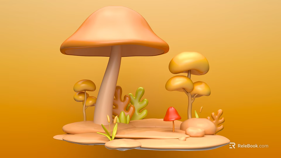 Enchanting 3D Photo Spot With Large Mushroom Small Colorful Mushrooms Green Plants And Orange Background 3d model 