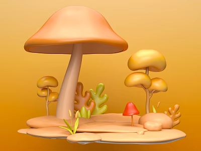 Enchanting 3D Photo Spot With Large Mushroom Small Colorful Mushrooms Green Plants And Orange Background 3d model