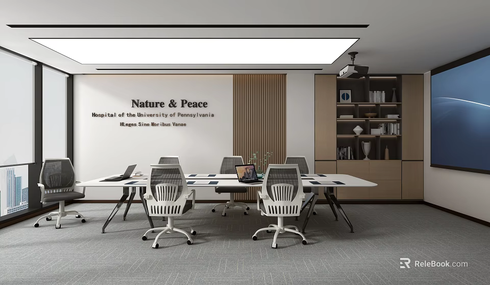 Modern Peaceful Meeting Room Interior With Long Table Office Chairs Wooden Wall Panel And Projector 3d model 