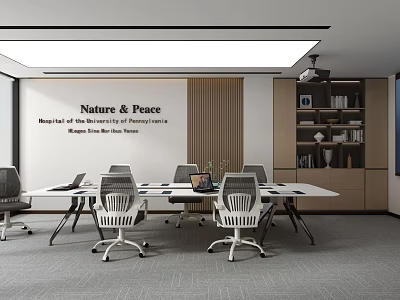 Modern Peaceful Meeting Room Interior With Long Table Office Chairs Wooden Wall Panel And Projector 3d model