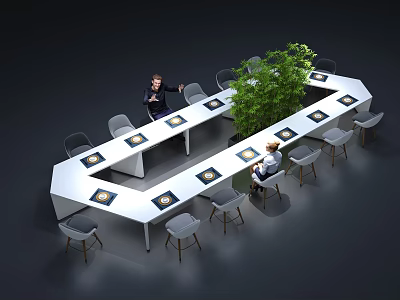 Elegant Modern Conference Table With Surrounding Chairs Green Plant And Meeting Participants 3d model