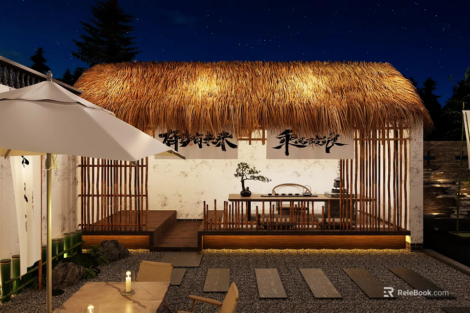 Thatched Roof Cottage Outdoor Zen Courtyard With Wooden Structure And Night Lighting 3d model 