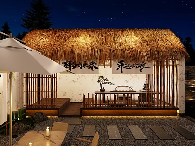 Thatched Roof Cottage Outdoor Zen Courtyard With Wooden Structure And Night Lighting 3d model