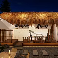 Thatched Roof Cottage Outdoor Zen Courtyard With Wooden Structure And Night Lighting