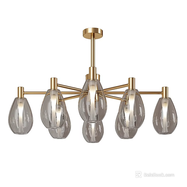 Modern Gold Metal Chandelier With Clear Glass Teardrop Shades And Branch Arms 3d model 