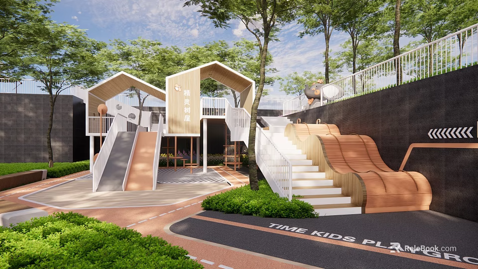 Modern School Building Outdoor Playground With Slides Stairs Greenery And Kids Area 3d model 