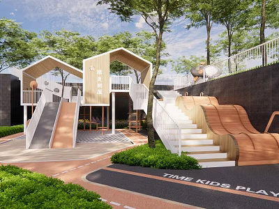 Modern School Building Outdoor Playground With Slides Stairs Greenery And Kids Area 3d model