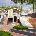 Modern School Building Outdoor Playground With Slides Stairs Greenery And Kids Area