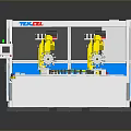 Industrial Automated Equipment With Yellow Robotic Arms Blue Panels And Control Panel