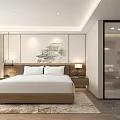 Modern Hotel Guest Room Interior With Large Bed White Bedding Wooden Nightstands And Decorative Painting
