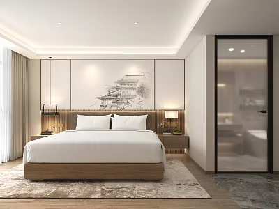 Modern Hotel Guest Room Interior With Large Bed White Bedding Wooden Nightstands And Decorative Painting 3d model