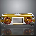 Vintage Style Electronic Radio With Orange Yellow Exterior Two Circular Speakers And Central Display Screen
