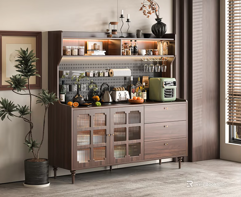 Modern Wooden Sideboard With Glass Doors Drawers Storage Shelves And Decorative Items In Living Space 3d model 