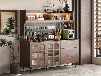 Modern Wooden Sideboard With Glass Doors Drawers Storage Shelves And Decorative Items In Living Space 3d model