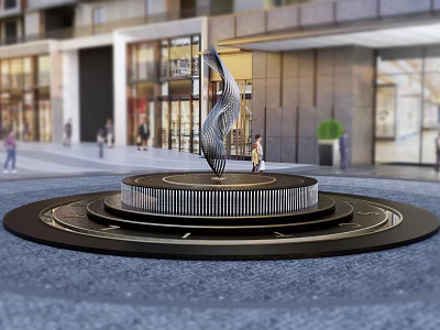 Modern Spiral Metal Sculpture On Round Platform In Urban Plaza With Buildings And People Walking 3d model