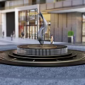 Modern Spiral Metal Sculpture On Round Platform In Urban Plaza With Buildings And People Walking