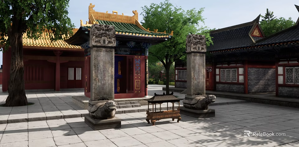 Traditional Chinese Ancient Architecture With Green Roof Yellow Eaves And Stone Lion Statues In Courtyard 3d model 