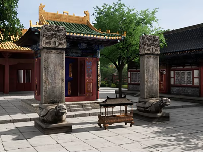 Traditional Chinese Ancient Architecture With Green Roof Yellow Eaves And Stone Lion Statues In Courtyard 3d model