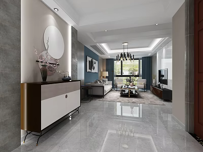 Modern Living Dining Room Interior With Chandelier Sofa Coffee Table And Decorative Mirror 3d model