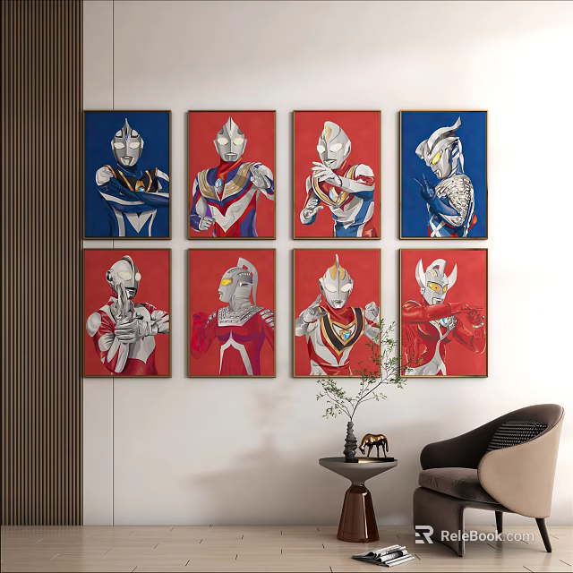 Colorful Framed Ultraman Paintings With Different Characters On Wall For Living Room Decor 3d model 
