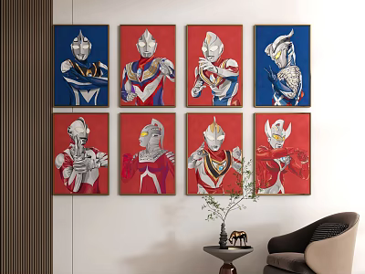 Colorful Framed Ultraman Paintings With Different Characters On Wall For Living Room Decor 3d model
