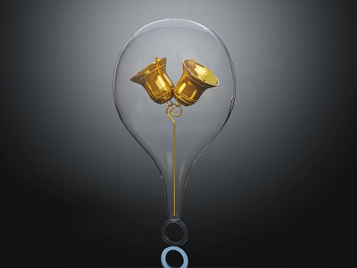 Transparent Glass Bulb Container Holding Two Golden Bells With Bottom Ring Hook On Dark Background 3d model