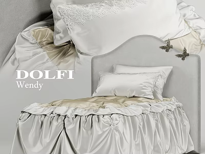 Elegant Single Bed With Ruffled Silk Bedding And Lace Pillows On Gray Headboard 3d model