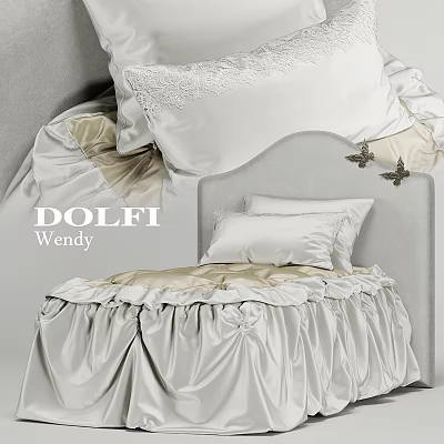 Elegant Single Bed With Ruffled Silk Bedding And Lace Pillows On Gray Headboard 3d model
