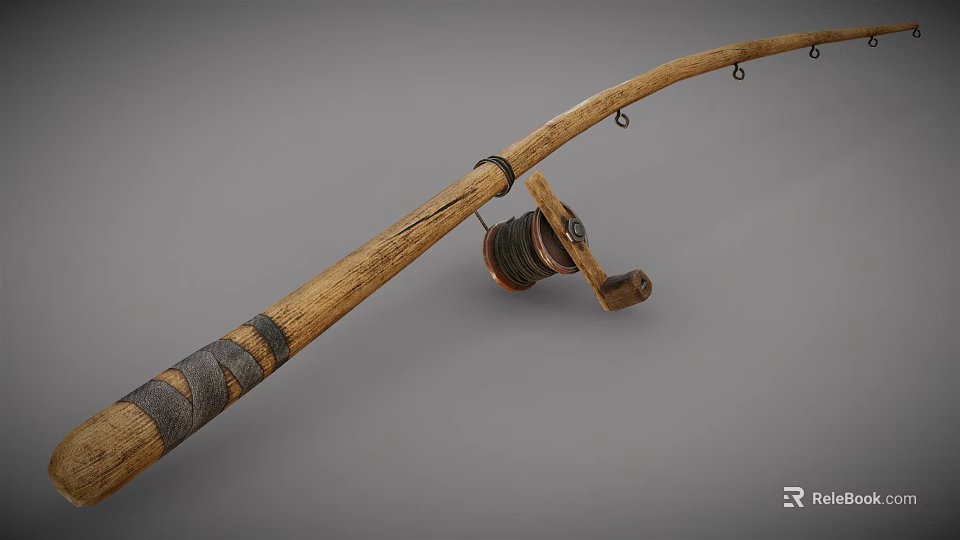 Classic Handcrafted Wooden Fishing Rod With Vintage Reel And Wrapped Handle 3d model 