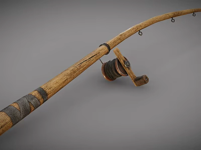 Classic Handcrafted Wooden Fishing Rod With Vintage Reel And Wrapped Handle 3d model