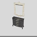 Black Dressing Table with Gold Handles and Ornate Mirror Frame