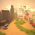 Cartoon Village Alley Scene With Colorful Buildings Market Stalls And Stone Path