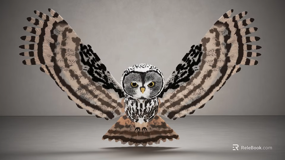 Majestic Owl With Spread Wings Distinctive Black White Feathers Large Yellow Eyes On Neutral Background 3d model 
