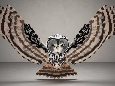 Majestic Owl With Spread Wings Distinctive Black White Feathers Large Yellow Eyes On Neutral Background 3d model