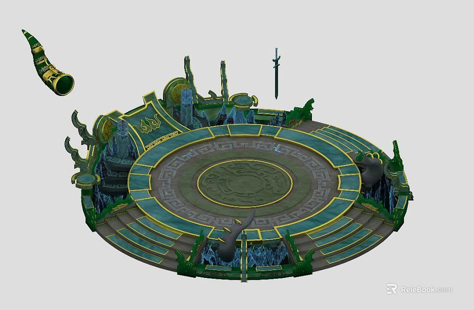 Ancient Circular Altar Structure With Decorative Pillars Carved Patterns And Stone Steps 3d model