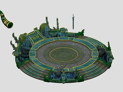 Ancient Circular Altar Structure With Decorative Pillars Carved Patterns And Stone Steps 3d model