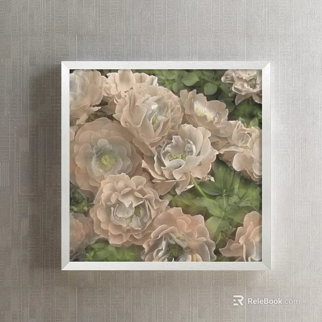 Elegant Botanical Painting With White Frame Light Pink Flowers Green Leaves On Wall 3d model 