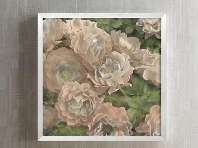 Elegant Botanical Painting With White Frame Light Pink Flowers Green Leaves On Wall 3d model