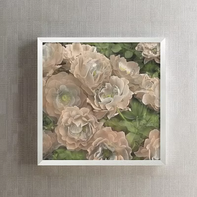 Elegant Botanical Painting With White Frame Light Pink Flowers Green Leaves On Wall 3d model