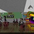 Busy Restaurant Interior With Tables Chairs Hanging Lamps And Yellow Signs