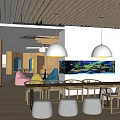 Casual Lounge Area With Wooden Ceiling Decor Cloud Pendant Lights And Colorful Bean Bags