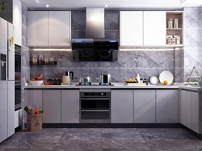 Modern Kitchen Interior Design With White Cabinets Marble Countertops And Stainless Steel Appliances 3d model