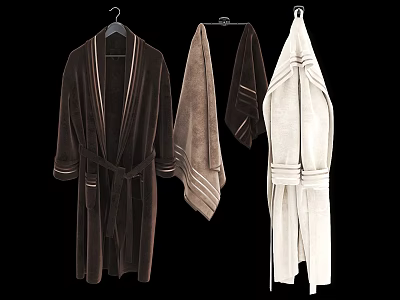 Soft Terry Cloth Robes And Towels In Dark Brown Light Brown And White Hanging 3d model
